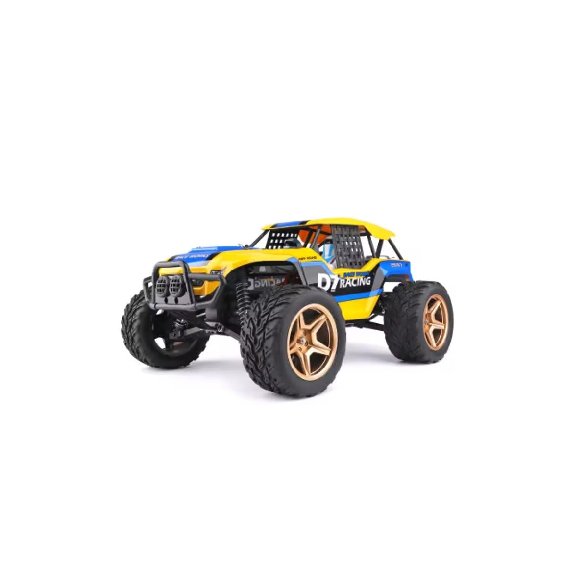 Toy monster truck with blue and yellow colors on a white background