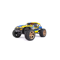 Toy monster truck with blue and yellow colors on a white background