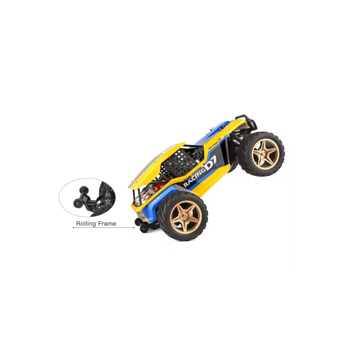 Toy car with yellow and blue design on a white background