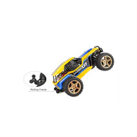 Toy car with yellow and blue design on a white background
