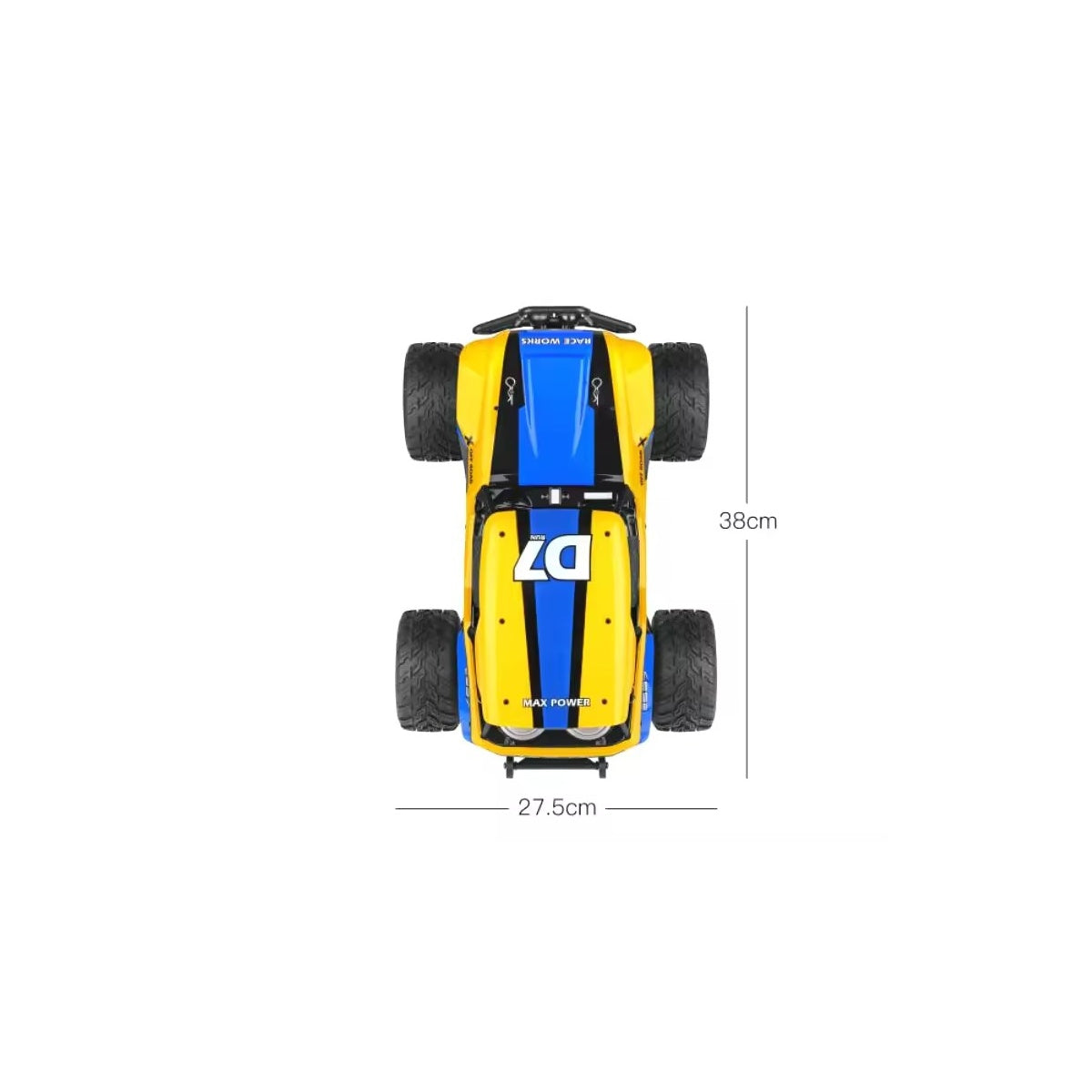 Yellow and blue toy car with dimensions on a white background