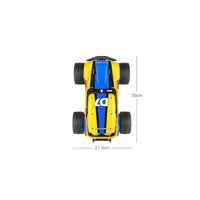 Yellow and blue toy car with dimensions on a white background