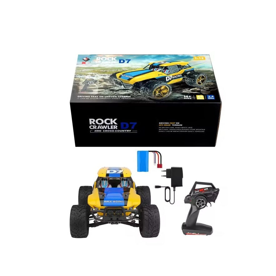 Toy rock crawler with remote control and packaging on a white background