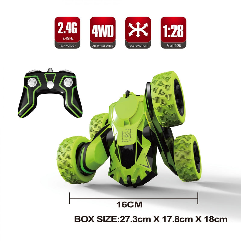Green toy remote control car with features and controller on a white background