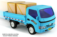  Inertia-driven blue toy truck carrying boxes for kids, no batteries required, perfect for children's forklift play.