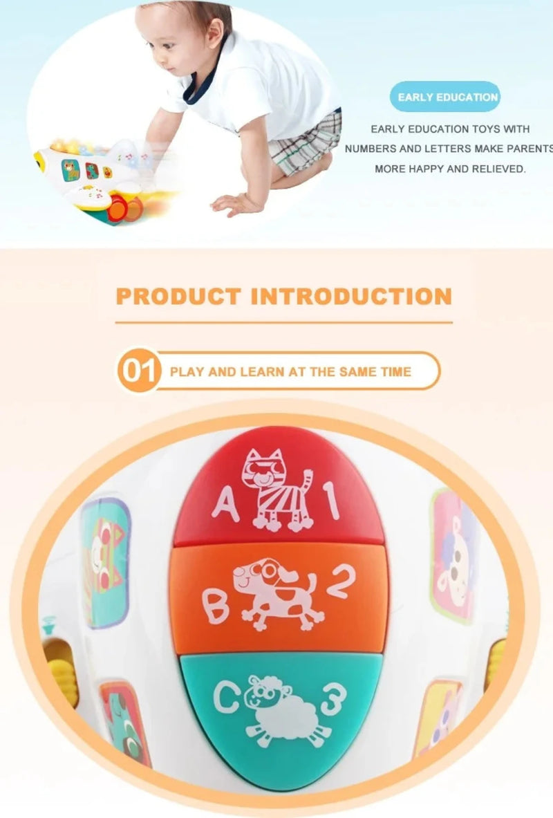 Interactive airplane toy with numbers and letters for early childhood education and play.