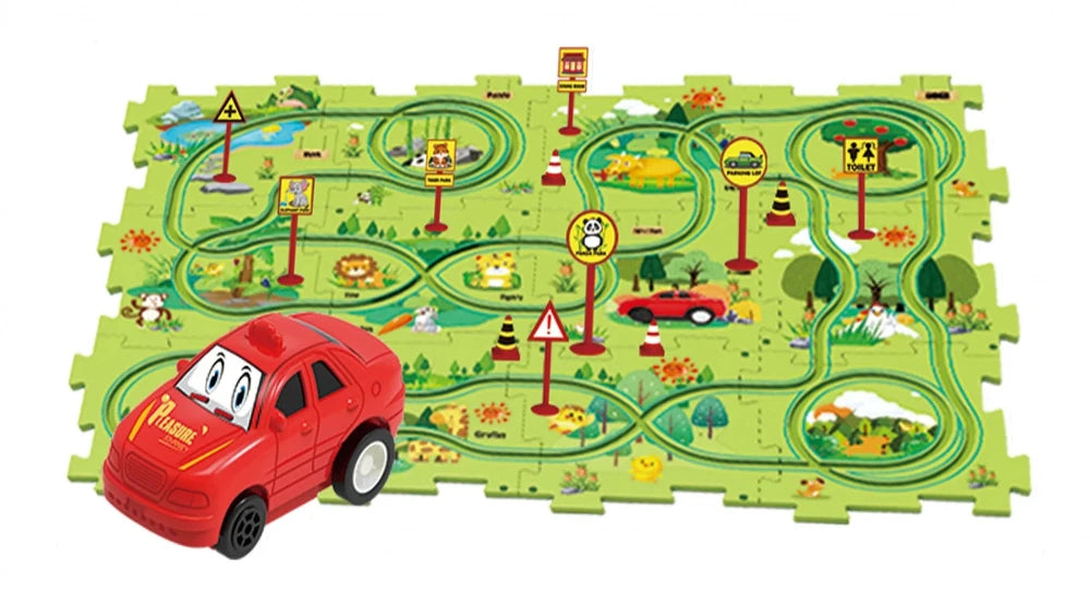 Interactive animal-themed car track puzzle with various road signs, suitable for children's imaginative play.