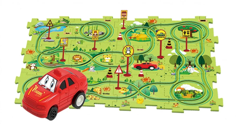 Interactive animal-themed car track puzzle with various road signs, suitable for children's imaginative play.