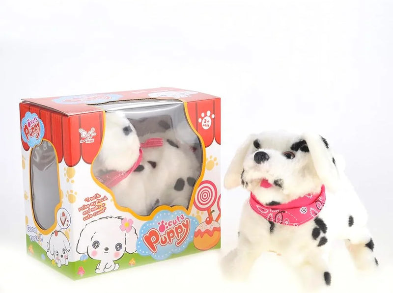 Interactive Dalmatian toy with somersault, walking, and barking features.