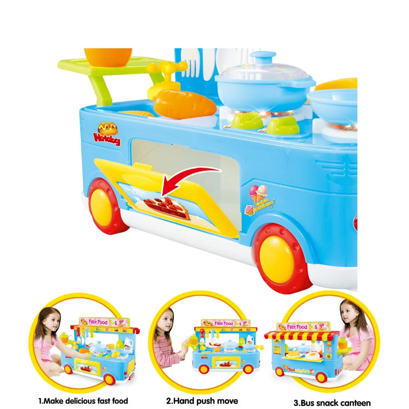 Interactive features of the fast food bus toy including oven door, hand push move, and snack canteen.