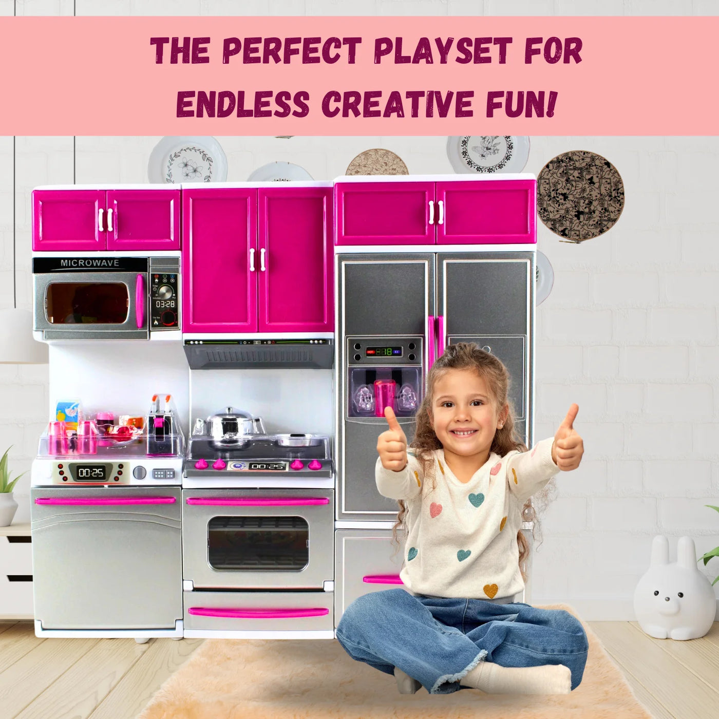 Interactive kids' kitchen playset with a simulation interior, including open shelves, refrigerator, and cooking appliances.