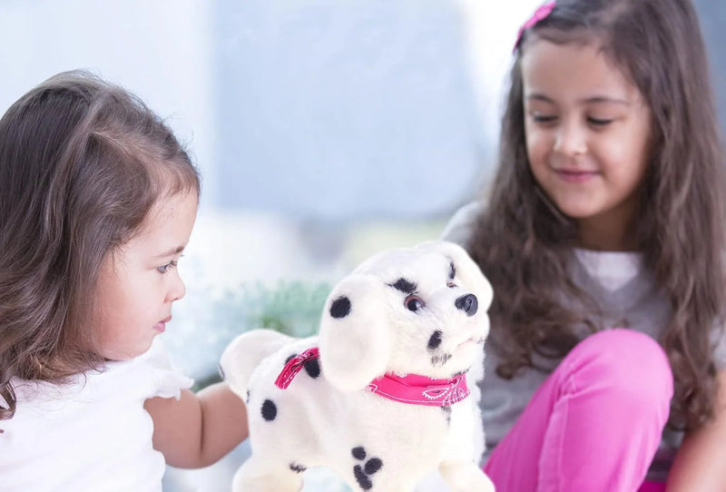 Two young children playing with an interactive plush Dalmatian toy dog that walks, barks, and flips, wearing a pink bandana. Perfect for kids' entertainment and development