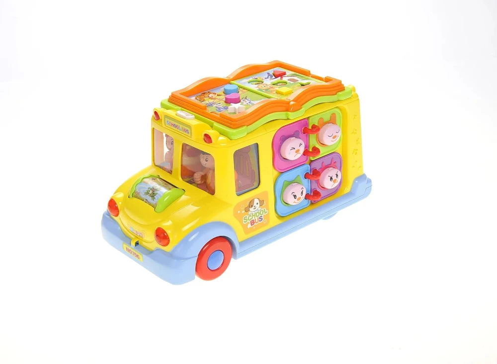Front view of interactive school bus toy with educational games and animated driver characters.