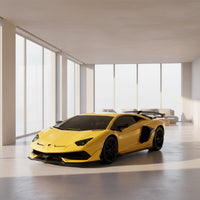 Yellow sports car with black details on a white background