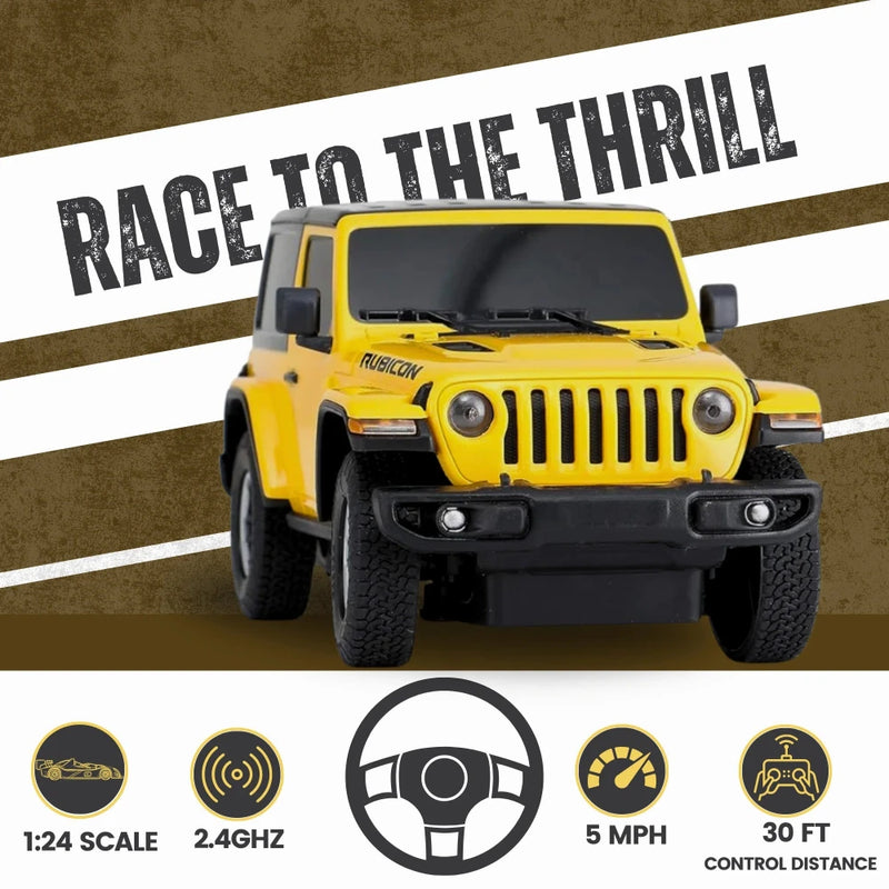 Jeep Wrangler RC car with 1:24 scale, 2.4GHz control, and 30 ft control range for thrilling races