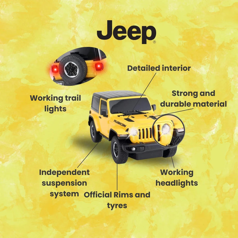 Jeep Wrangler RC car showcasing features like working headlights, trail lights, and independent suspension system