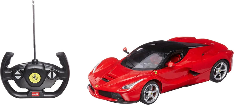Red toy Ferrari car with a remote control on a white background