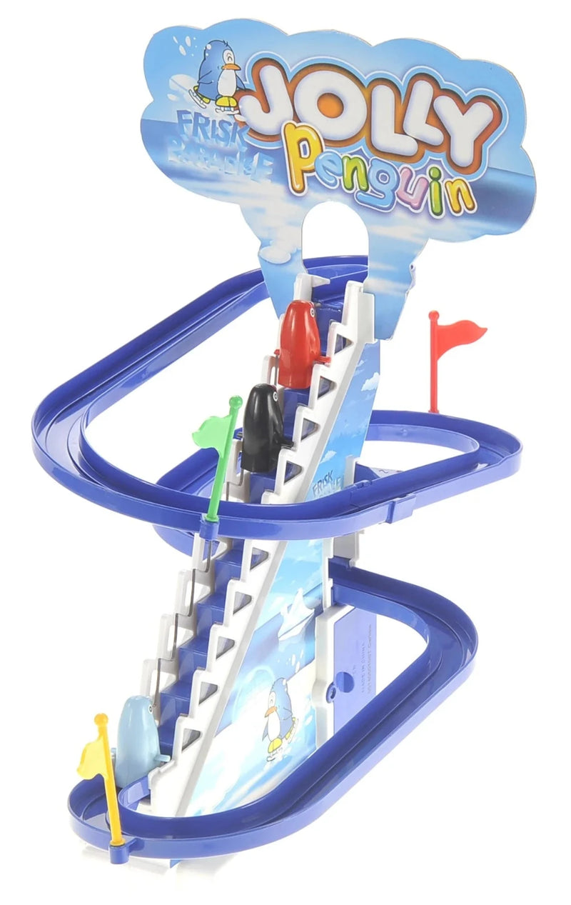 Jolly Penguin Race playset featuring penguins climbing a staircase on a looping track.