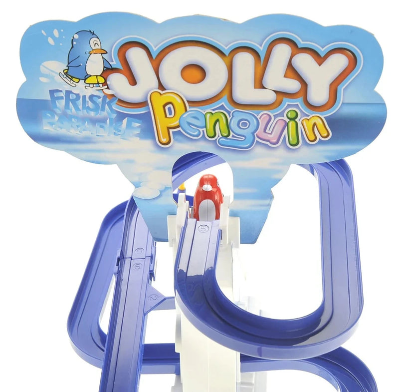 Close-up of the Jolly Penguin Race sign with blue and white track in background.