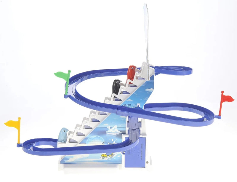 Jolly Penguin Race toy with colorful track and penguins climbing stairs