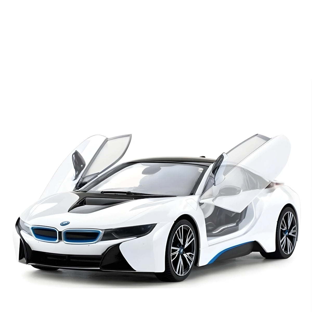 White BMW i8 toy car with open doors on a white background