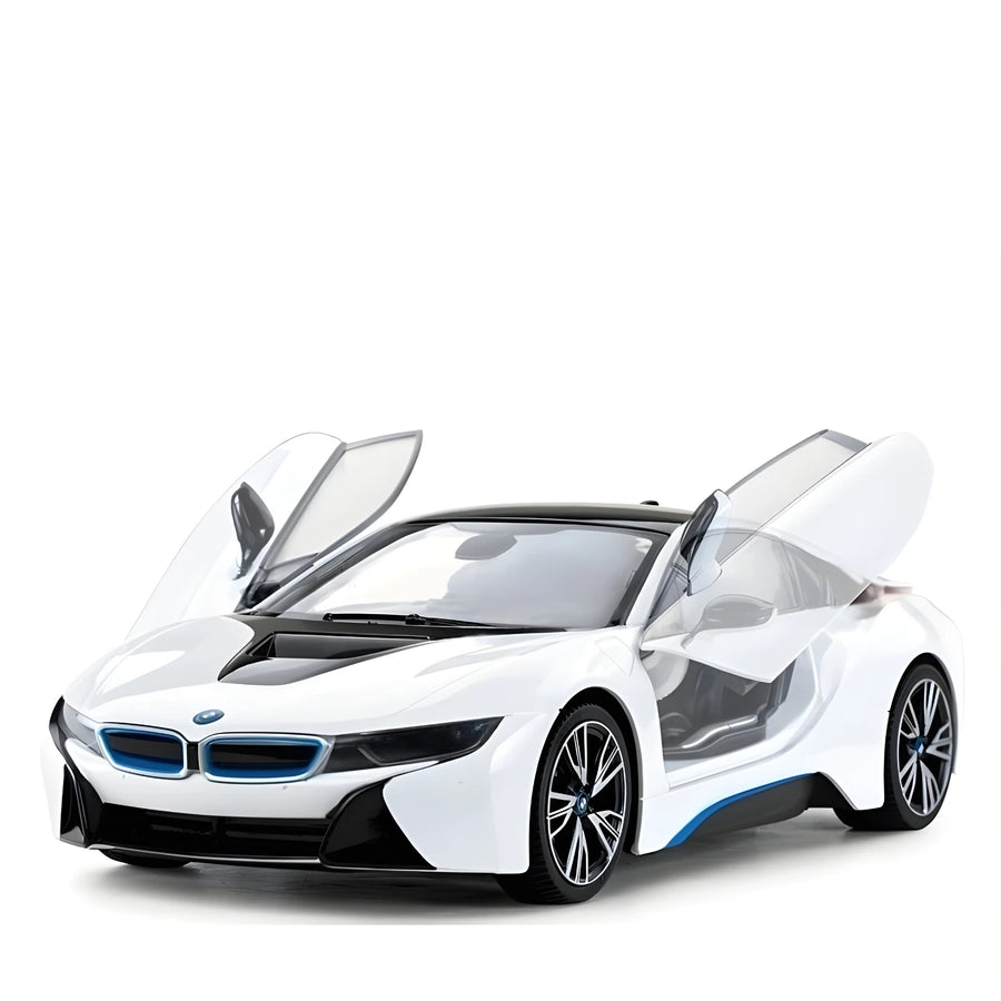 White BMW i8 toy car with open doors on a white background