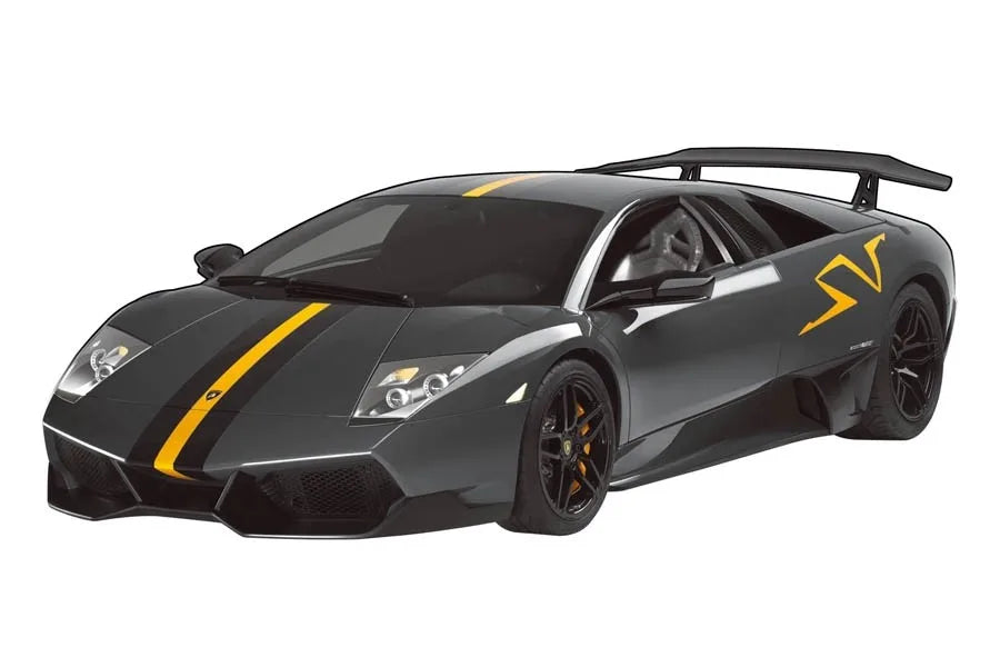 Black sports car with yellow accents on a white background