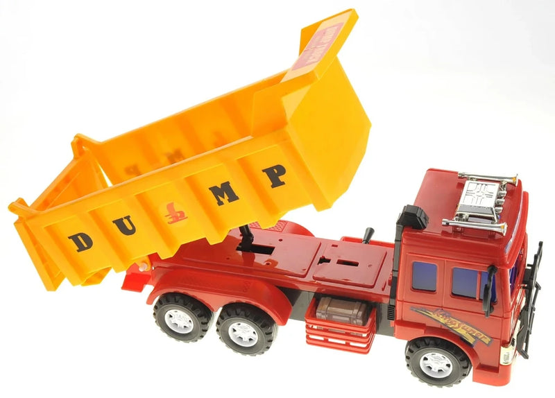 Jumbo dump truck toy with an open bed, showcasing its sturdy design as a large plastic truck toy for kids.