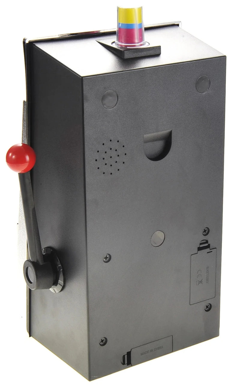 Back view of jumbo slot machine toy with coin slot and speaker, offering a realistic casino experience for kids