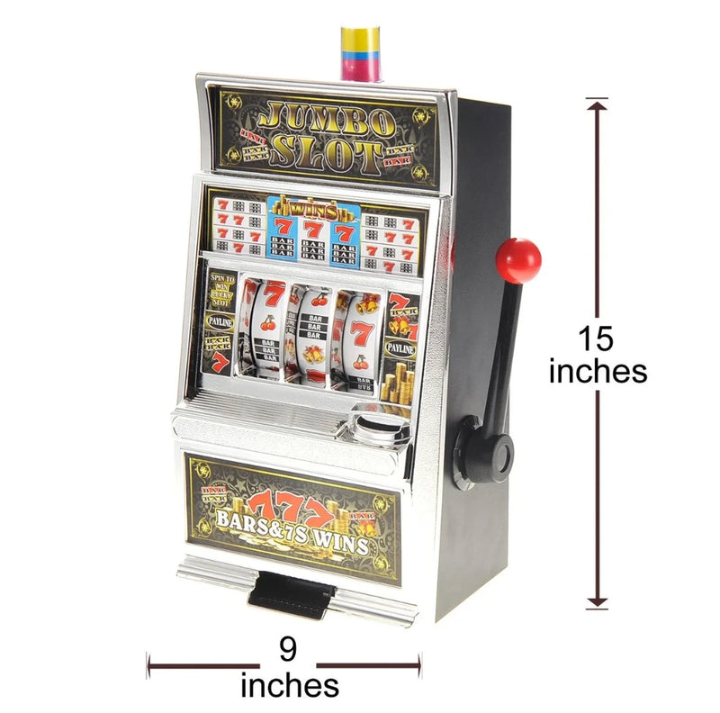 Jumbo slot machine toy with dimensions of 15 inches tall and 9 inches wide, featuring realistic design