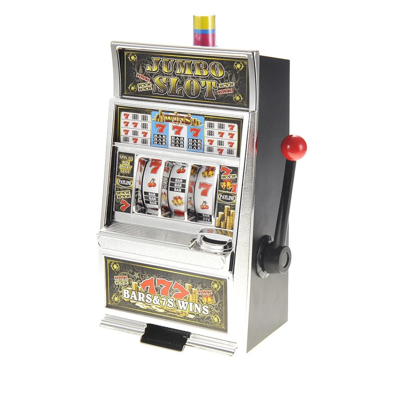 Front view of jumbo slot machine toy with classic design, showing spinning reels and pull lever
