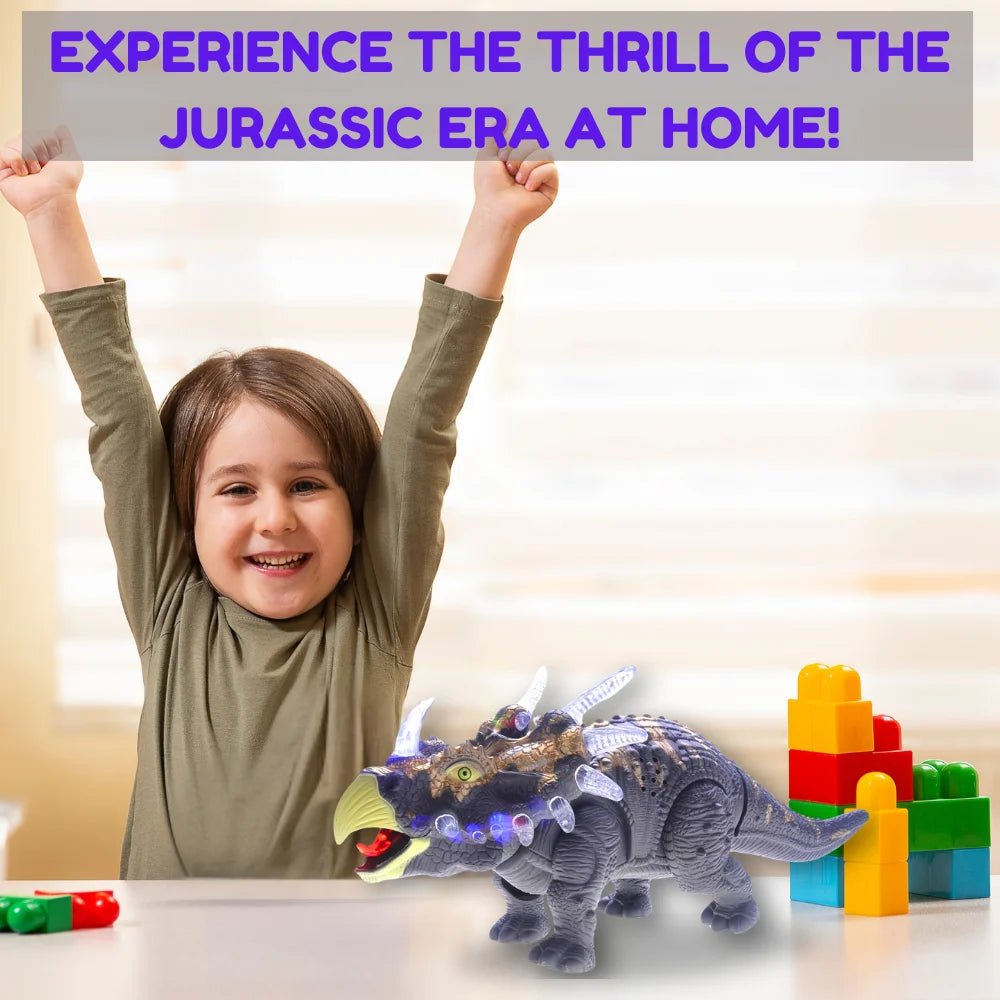 Smiling child playing with a Jurassic-era Triceratops dinosaur toy with lights