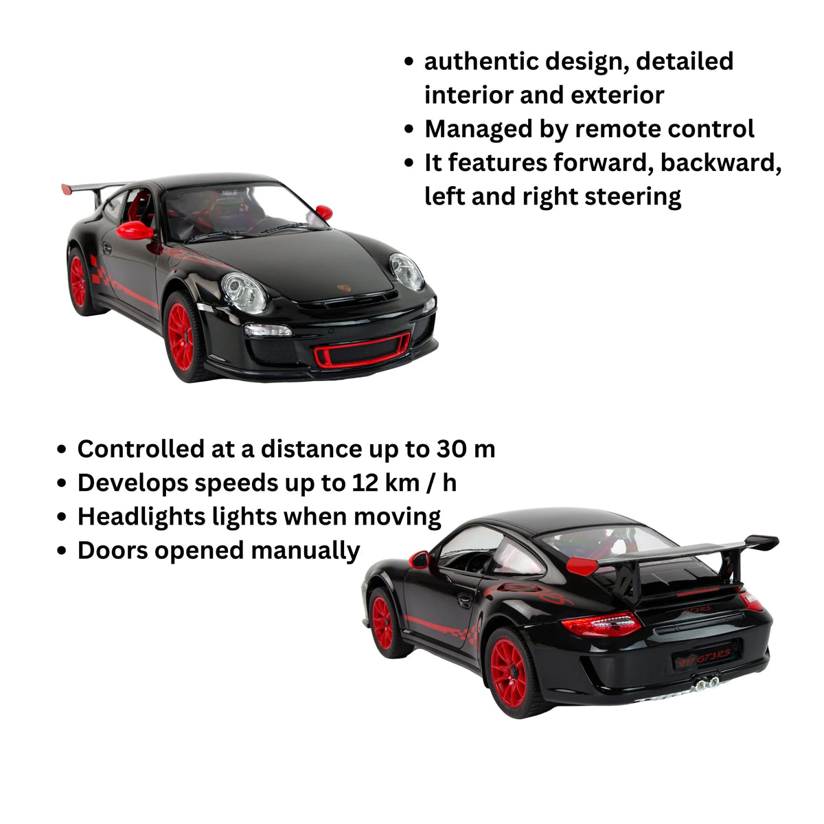 Black toy car with red accents on a white background, featuring text about its features.