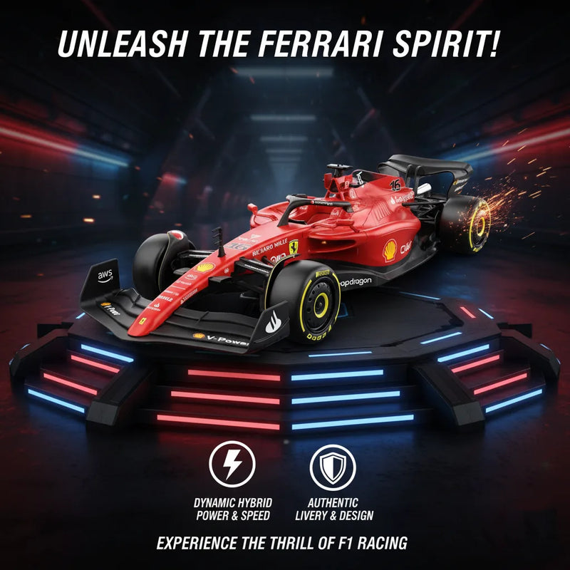Red Ferrari Formula 1 car on a dark background with dynamic lighting effects.