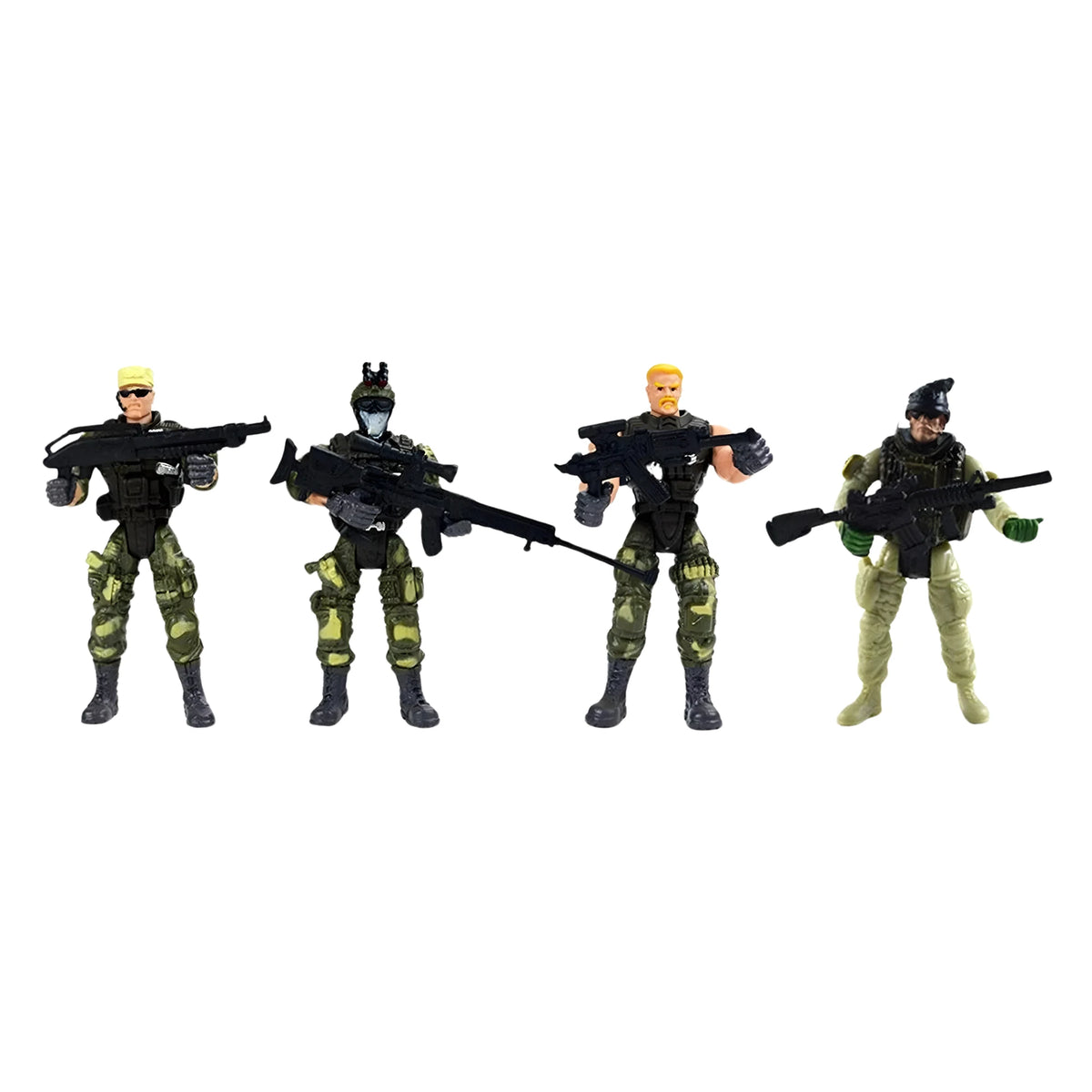 Four action figures in military attire with weapons on a white background