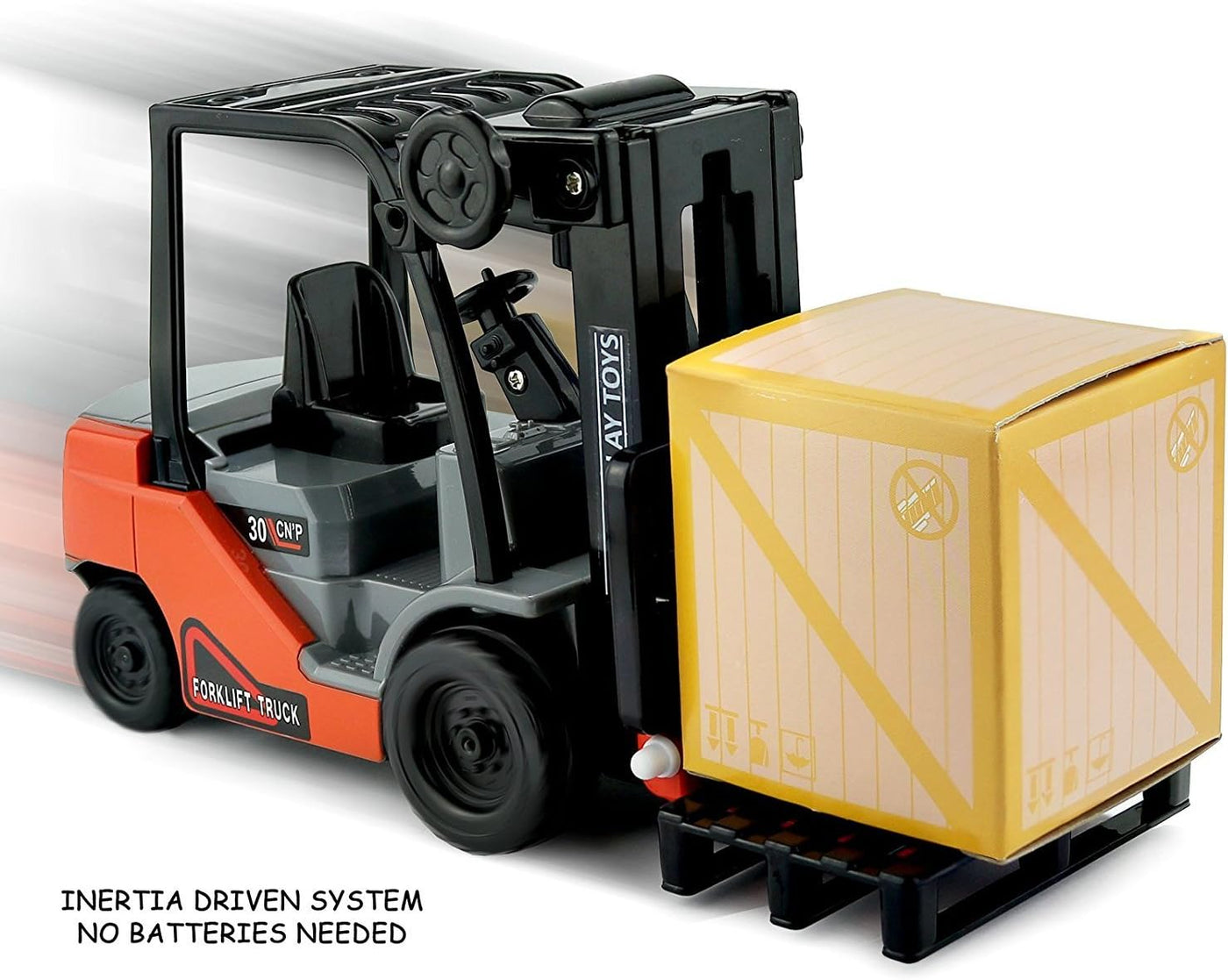 Kid's toy forklift truck carrying boxes, features inertia-driven system, no batteries needed.