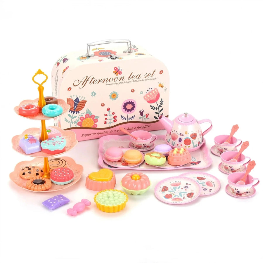 Complete tea set for girls with case, cups, treats, and tiered stand, ideal for tea parties and imaginative play