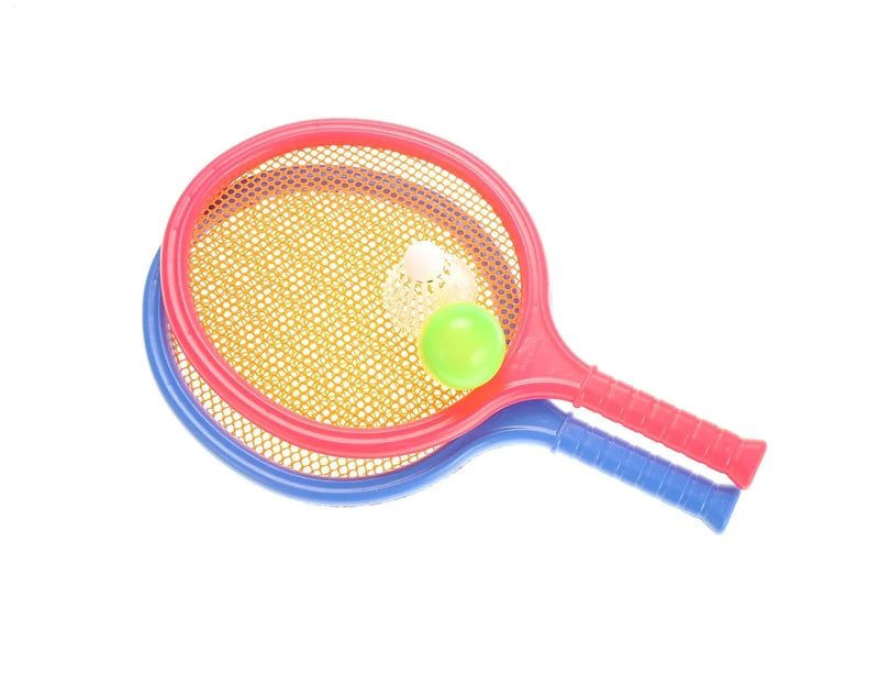 Kids badminton set with red and blue rackets and a green ball and shuttlecock for outdoor fun