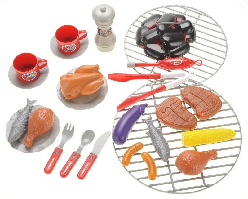 Toy BBQ set accessories with pretend cups, plates, and cooking tools for children's play kitchen