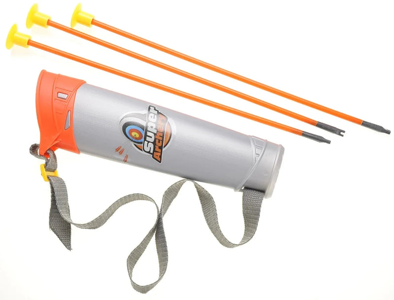 Gray quiver with three orange arrows for kids archery set – ideal for practicing aim and focus."