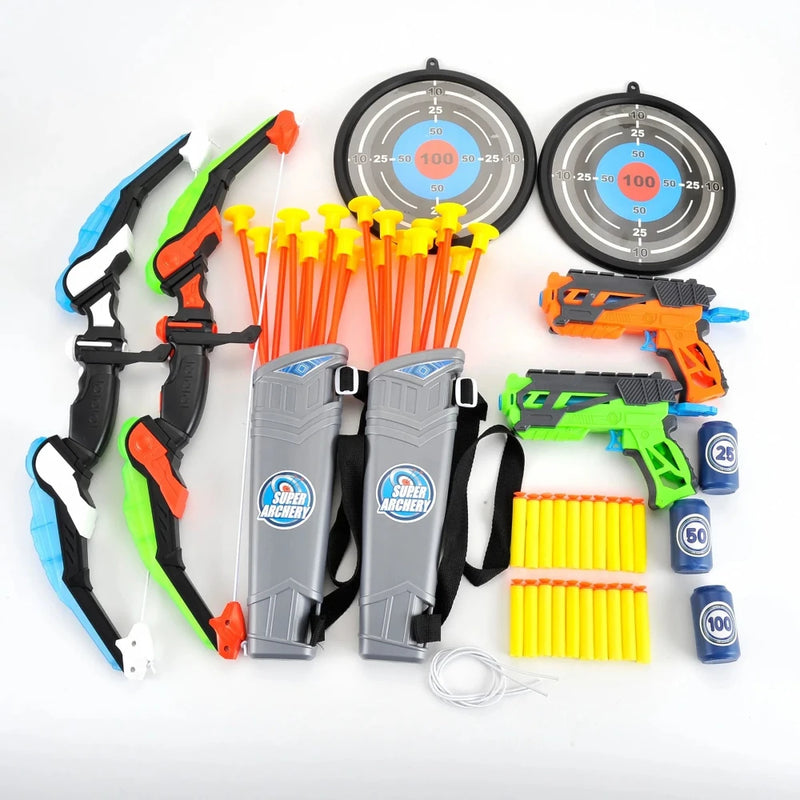 Children's bow and arrow toy set with foam-tipped arrows, dual quivers, and a target board for safe archery play
