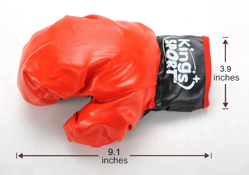 Red kids boxing glove with 9.1-inch length and 3.9-inch width, designed for young boxers.