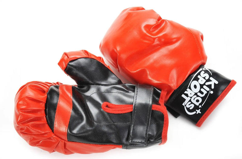 Red and black boxing gloves included with kids punching bag and stand set