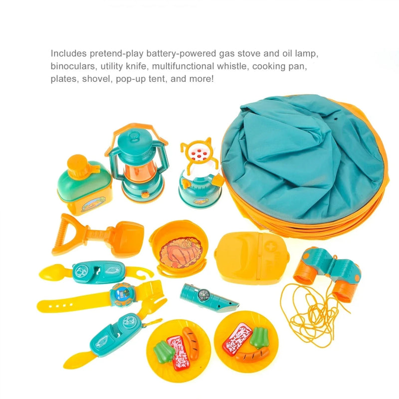 "Kids Camping Set accessories including tent, binoculars, compass, plates, and lantern.