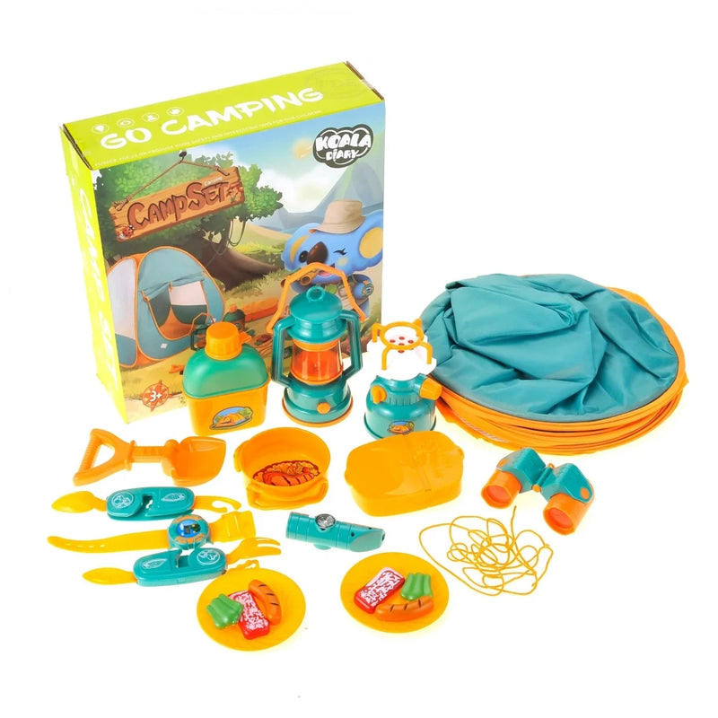 Complete Kids Camping Toy Set with pop-up tent, lantern, cooking set, and binoculars