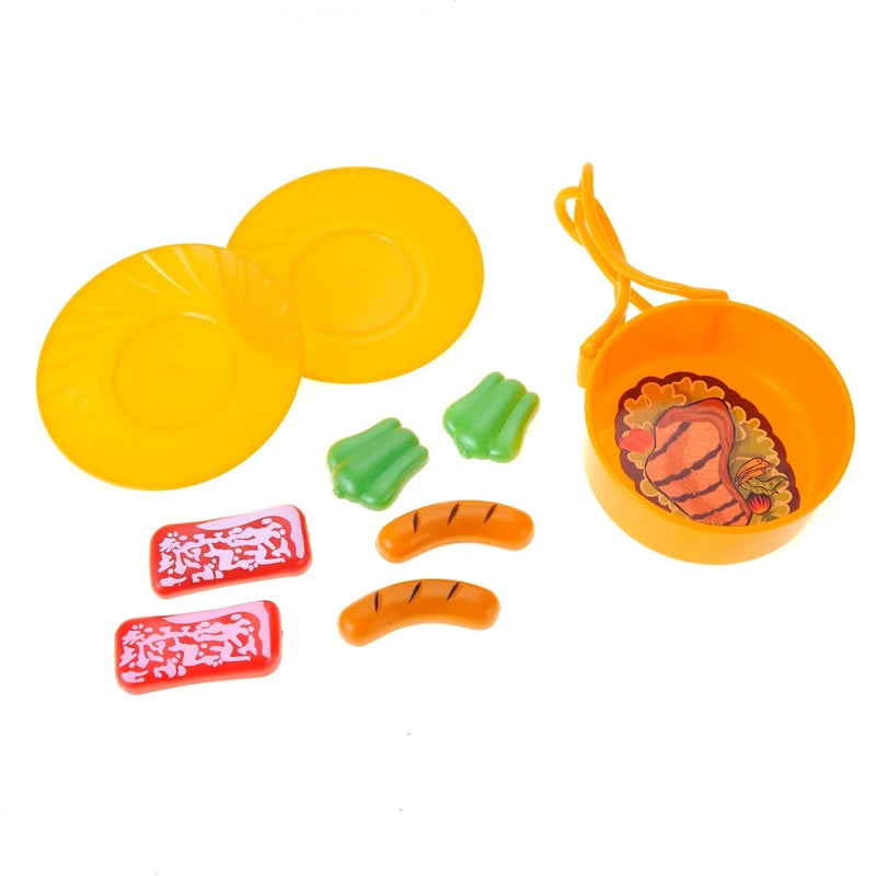 Kids Camping Set food toys with plates, sausages, peppers, and steak, ideal for pretend play.
