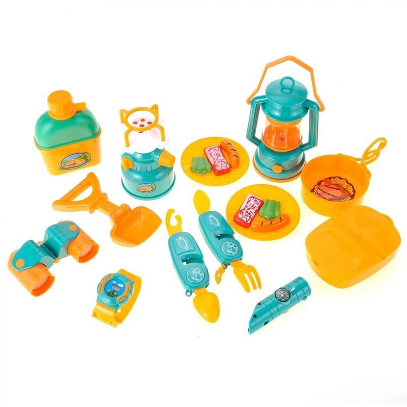 Complete Kids Camping Toy Set including lantern, canteen, binoculars, and other camping essentials