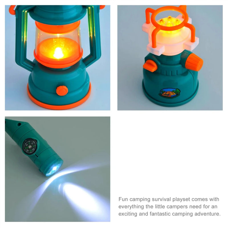 Light-up lantern, camping stove, and flashlight from the Kids Camping Set, ideal for night play.