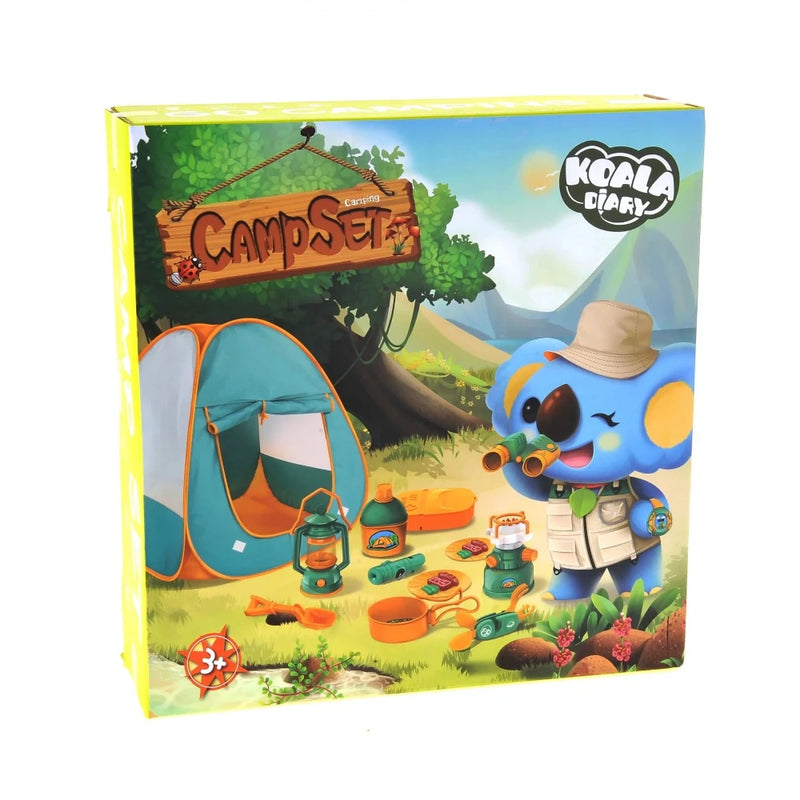 Kids Camping Set packaging featuring a koala character with camping gear and accessories.