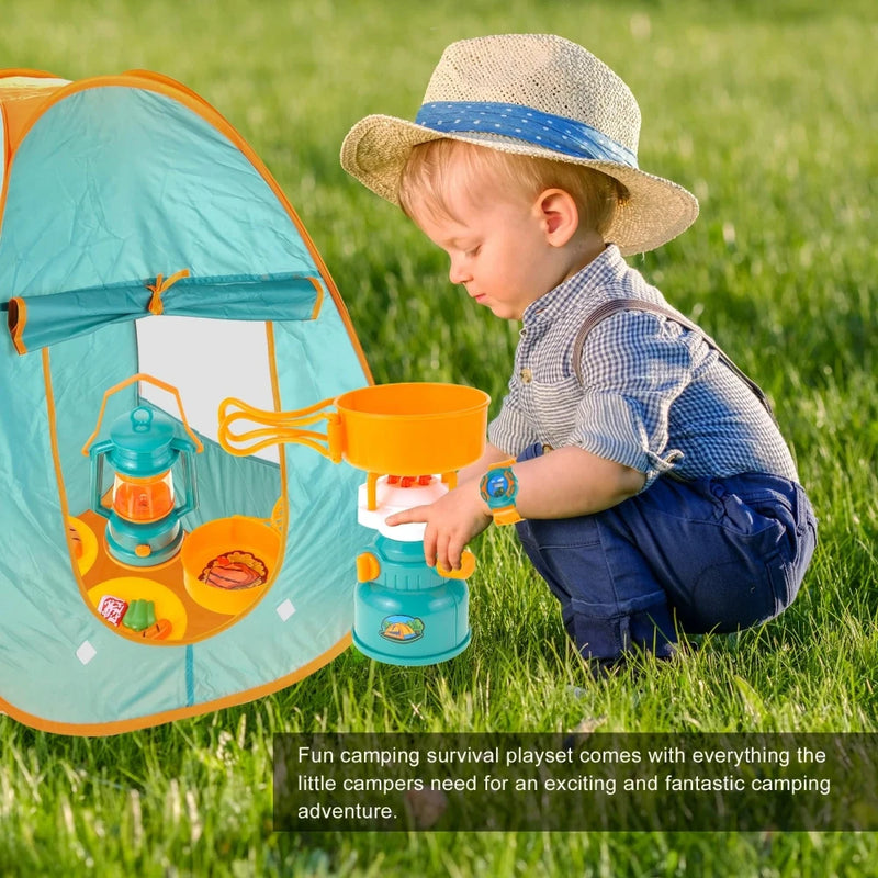 Young child enjoying the Kids Camping Set with lantern and cooking pot in a pop-up tent